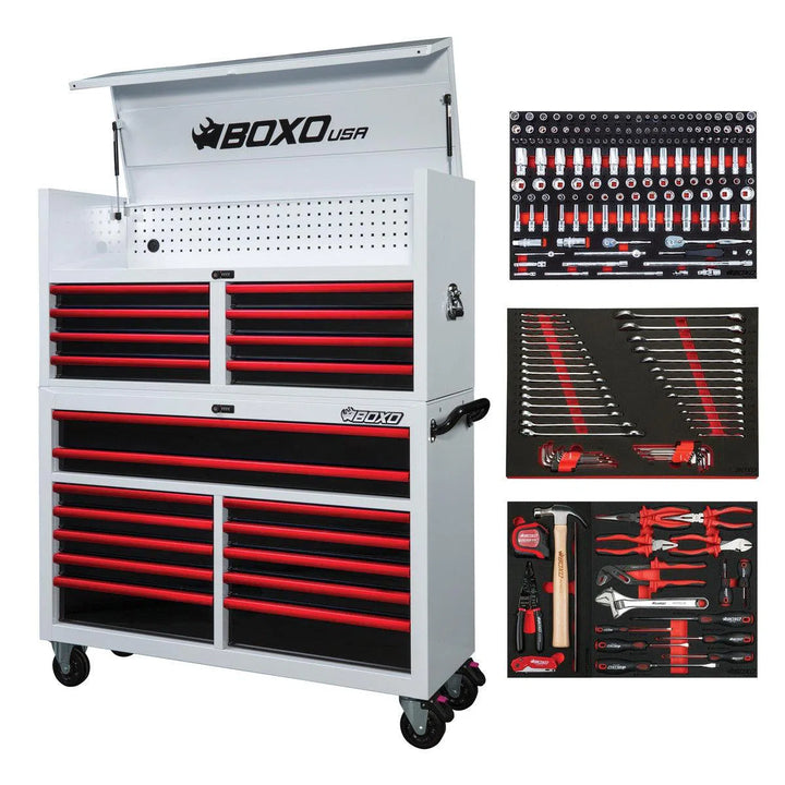 Pro Series | Loaded 53" 20-Drawer Rolling Tool Box | White and Red