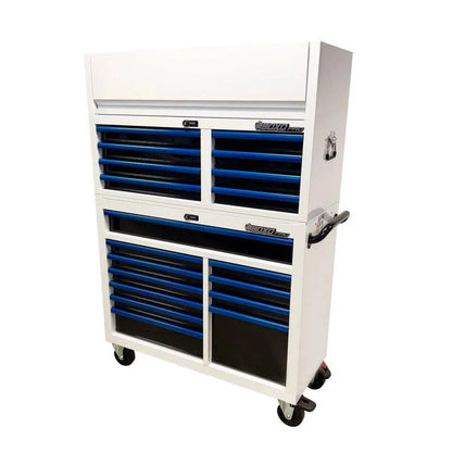 Pro Series | Loaded 45" 19-Drawer Rolling Tool Box | White and Blue