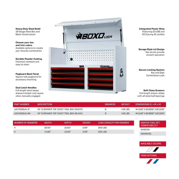 Pro Series | Loaded 45" 19-Drawer Rolling Tool Box | White and Red