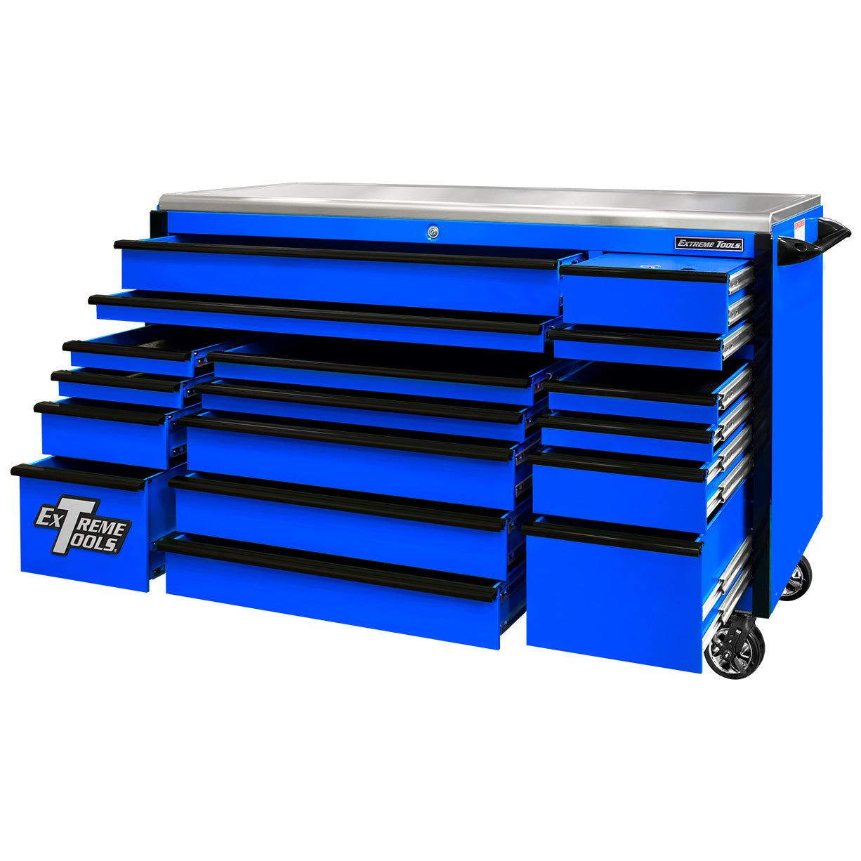 EXQ Series 72″W x 30″D 17 Drawer Professional Triple Bank Roller Cabinet with Quick Release Drawer Pulls & Mag Wheels